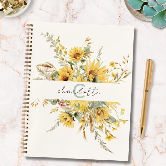Elegante Monogram Watercolor Sonnenblume Bouquet Notizblock