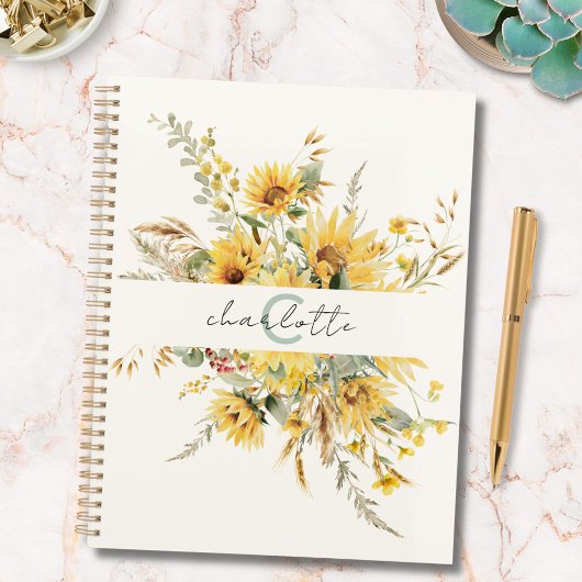 Elegante Monogram Watercolor Sonnenblume Bouquet Planer