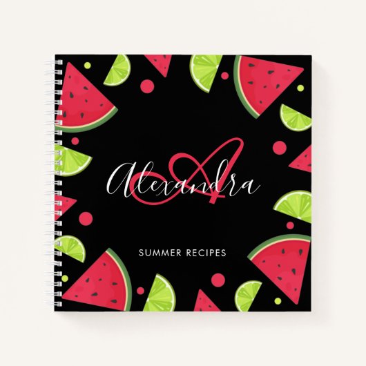 Elegante Monogram Watermelon Lemon Roter Name Reze Notizblock (Vorderseite)