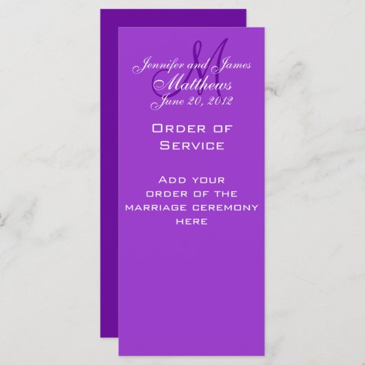 Elegante Monogram Wedding Church Programme Lila (Vorne/Hinten)