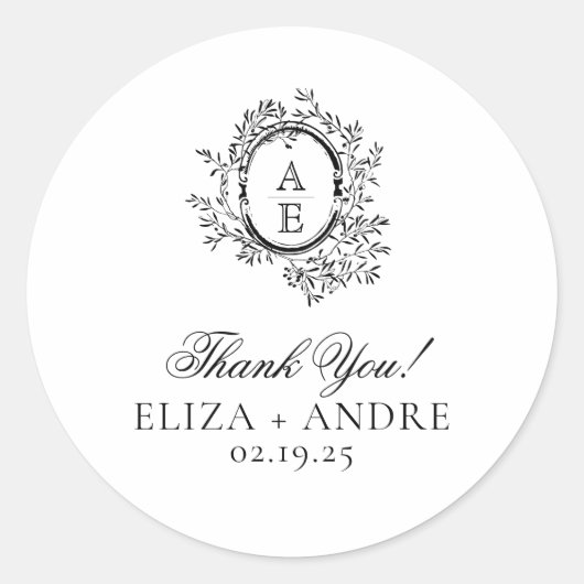 Elegante Monogram Wedding Classic Round Sticker (Vorderseite)