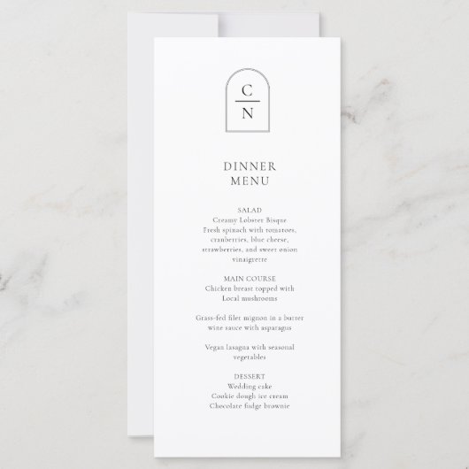 Elegante Monogram Wedding Dinner Menu Card (Vorderseite)
