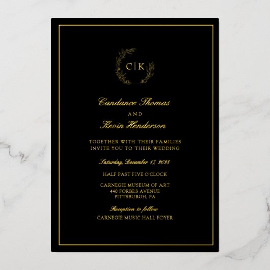 Elegante Monogram Wedding Foil Einladung (Vorderseite)
