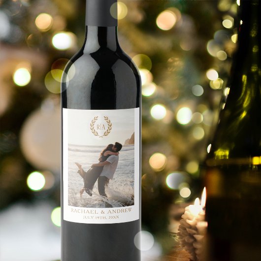 Elegante Monogram Wedding Gold White Weinetikett