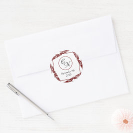 Elegante Monogram Wedding Maroon Round Stickers