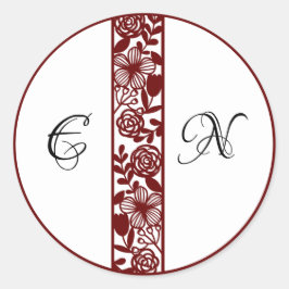 Elegante Monogram Wedding Maroon Round Stickers