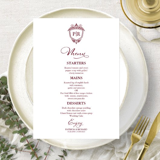 Elegante Monogram Wedding Menu Cards Burgundy Menükarte