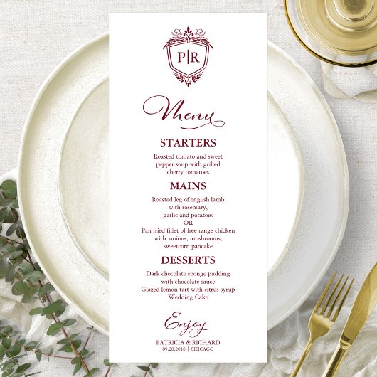 Elegante Monogram Wedding Menu Cards Burgundy Menükarte
