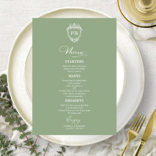Elegante Monogram Wedding Menu Cards Seite Grün Menükarte