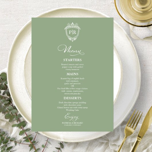 Elegante Monogram Wedding Menu Cards Seite Grün Menükarte