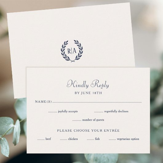 Elegante Monogram Wedding RSVP Card Navy Cream
