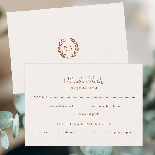 Elegante Monogram Wedding RSVP Terracotta Cream Karte