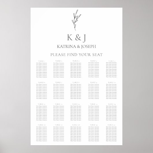 Elegante Monogram Wedding Seating Chart Minimal Poster (Vorne)