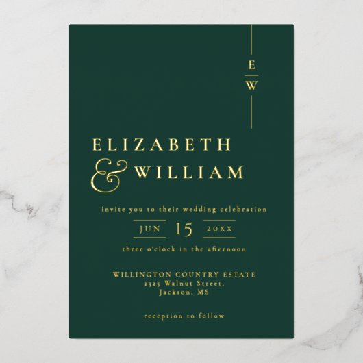 Elegante Monogram Wedding Smaragdgrün und Gold Folieneinladung (Vorderseite)