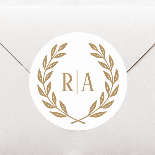 Elegante Monogram Wedding Wreath Gold White Runder Aufkleber