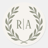 Elegante Monogram Wedding Wreath Green Cream Runder Aufkleber (Vorderseite)