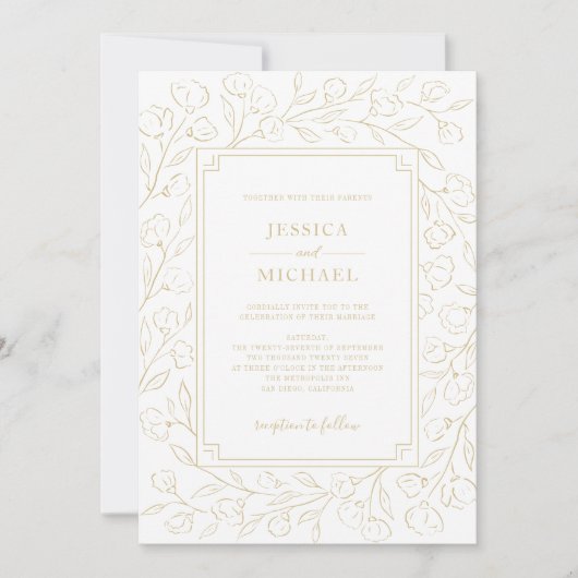 Elegante Monogram White Gold Classic Floral Weddin Einladung (Vorderseite)