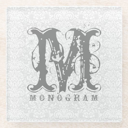 Elegante Monogram White & Gray Damasks Glasuntersetzer (Vorderseite)
