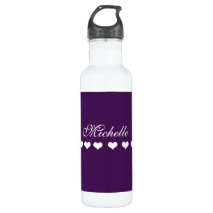 Elegante Monogram White Hearts Eggplant Lila Edelstahlflasche