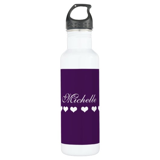 Elegante Monogram White Hearts Eggplant Lila Edelstahlflasche (Vorderseite)