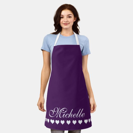 Elegante Monogram White Hearts Eggplant Lila Schürze (Getragen)