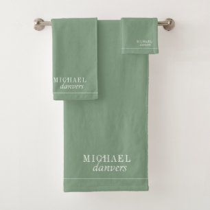 Elegante Monogram White Name Sage Green Badhandtuch Set