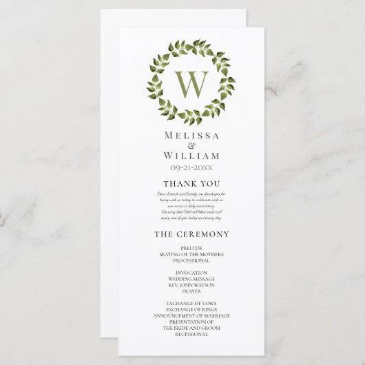 Elegante Monogram Wreath Green Leaf Wedding Programm (Vorne/Hinten)