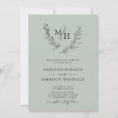 Elegante Monogram Wreath Sage Wedding Einladung (Vorderseite)