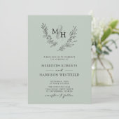 Elegante Monogram Wreath Sage Wedding Einladung (Stehend Vorderseite)