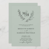 Elegante Monogram Wreath Sage Wedding Einladung (Vorne/Hinten)