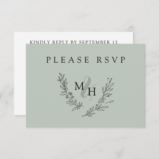 Elegante Monogram Wreath Sage Wedding RSVP Karte (Vorne/Hinten)
