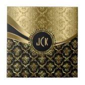 Elegante monogramierte Black & Gold Floral Damasks Fliese (Vorderseite)