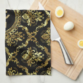 Elegante monogramierte Black & Gold Floral Damasks Geschirrtuch (Viertel Falte)