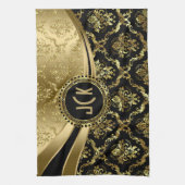 Elegante monogramierte Black & Gold Floral Damasks Geschirrtuch (Vertikal)