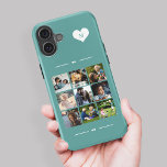 Elegante Monogramm-9-Foto-Collage iPhone 16 Hülle<br><div class="desc">Fügen Sie neun Foto-,  Kinder-,  Haustiere- oder Freundbilder hinzu und erstellen Sie Ihre eigene,  wunderschöne Handykassette mit Ihrem Monogramm-Namen,  die Sie in einem weißen Herz über einem aquamarinen,  grünen Hintergrund erhalten.            Einfach mit Ihren benutzerdefinierten Bildern und Buchstaben personalisieren</div>