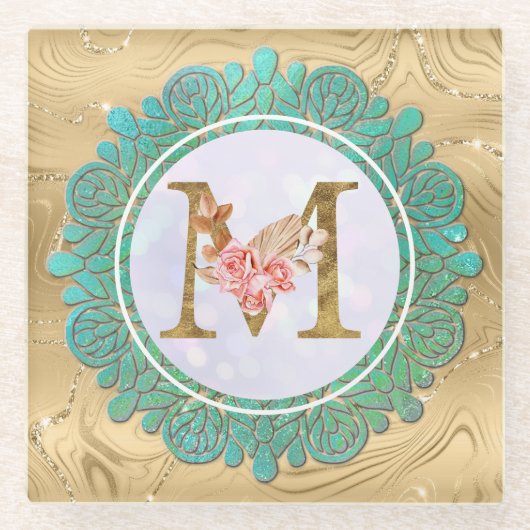 Elegante Monogramm-Anfangsbuchstaben mit Mandala Glasuntersetzer (Vorderseite)