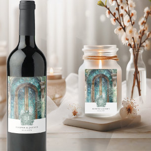 Elegante Monogramm Aquamarin, Blue Watercolor Wedd Weinetikett