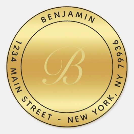 Elegante Monogramm Circular Rücksendeadresse Gold Runder Aufkleber (Vorderseite)