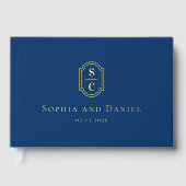 Elegante monogramm dunkelblaue Hochzeitsnamensfoli Gästebuch (Vorderseite)