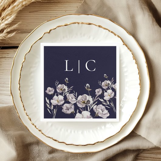 Elegante monogramm dunkle Marine Aquarell-Blume Serviette