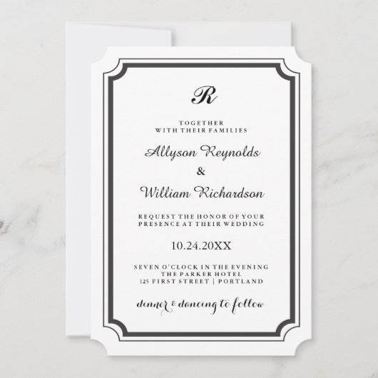 Elegante Monogramm formale Schwarz-Weiß-Hochzeit Einladung (Vorderseite)