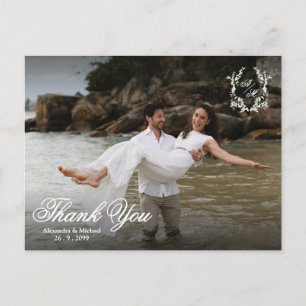 Elegante Monogramm-Fotoüberlagerung Hochzeit Danke Postkarte