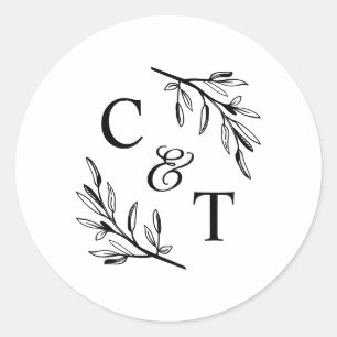 Elegante Monogramm Grün Blätter Hochzeit Runder Aufkleber