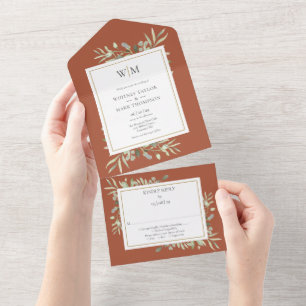 Elegante Monogramm-Grün-Terrakotta-Hochzeit  All In One Einladung
