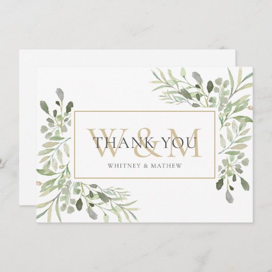 Elegante Monogramm-Grünflächen Dankeskarte (Vorne/Hinten)