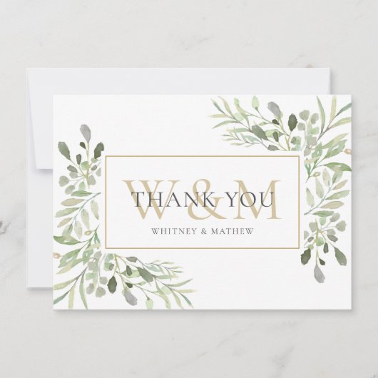 Elegante Monogramm-Grünflächen Dankeskarte (Vorderseite)