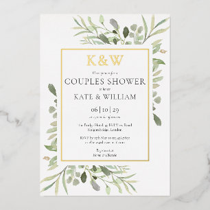 Elegante Monogramm-Grünzeug-Paar-Dusche Gold Folieneinladung
