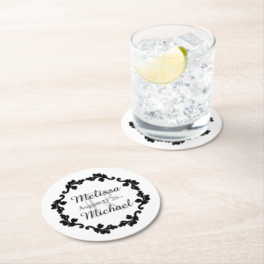 Elegante Monogramm Hochzeit Schwarz-weiß grau Runder Pappuntersetzer (Vor Ort)