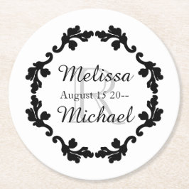 Elegante Monogramm Hochzeit Schwarz-weiß grau Runder Pappuntersetzer