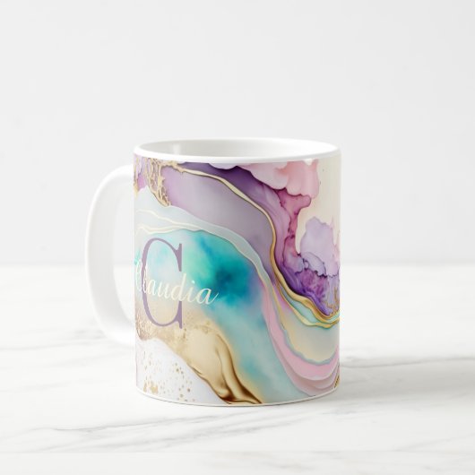 Elegante Monogramm-Marmor-Flüssigtinte Kaffeetasse (Vorderseite Links)